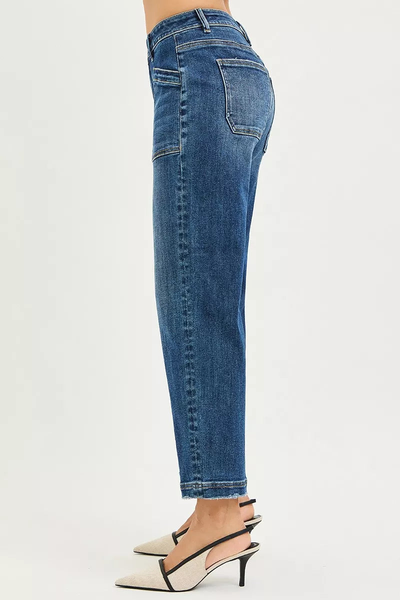 DARK denim baggy cropped jeans side view, straight wide leg and belt loops