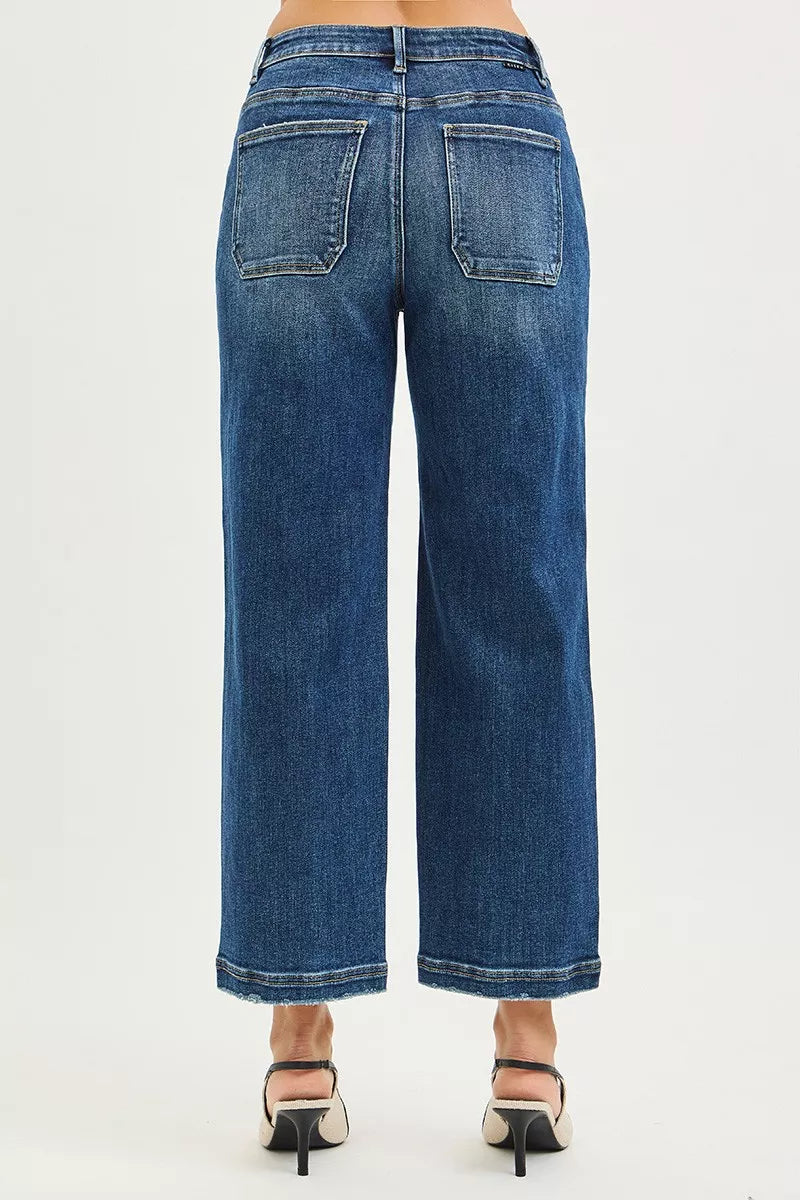 DARK denim cropped baggy jeans with two back patch pockets