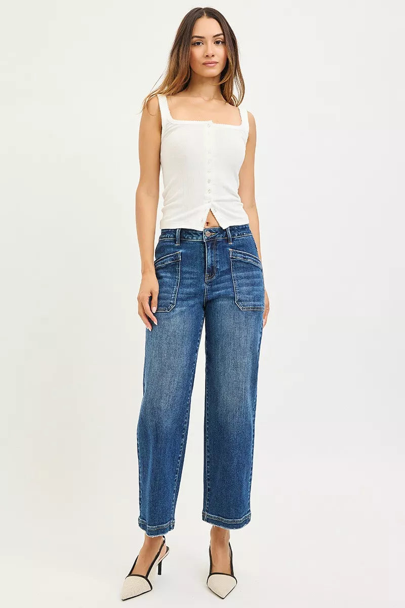 DARK denim cropped baggy jeans with front patch pocket and belt loops