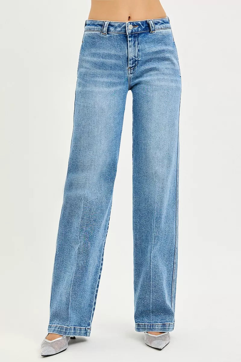 Medium-wash blue slouchy straight jeans with front seam and wide leg opening