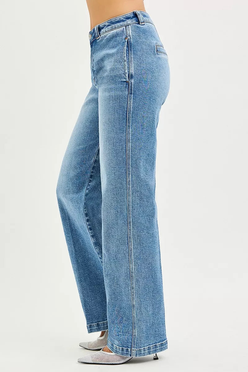 Medium-wash blue slouchy straight jeans, side seam detail and relaxed fit