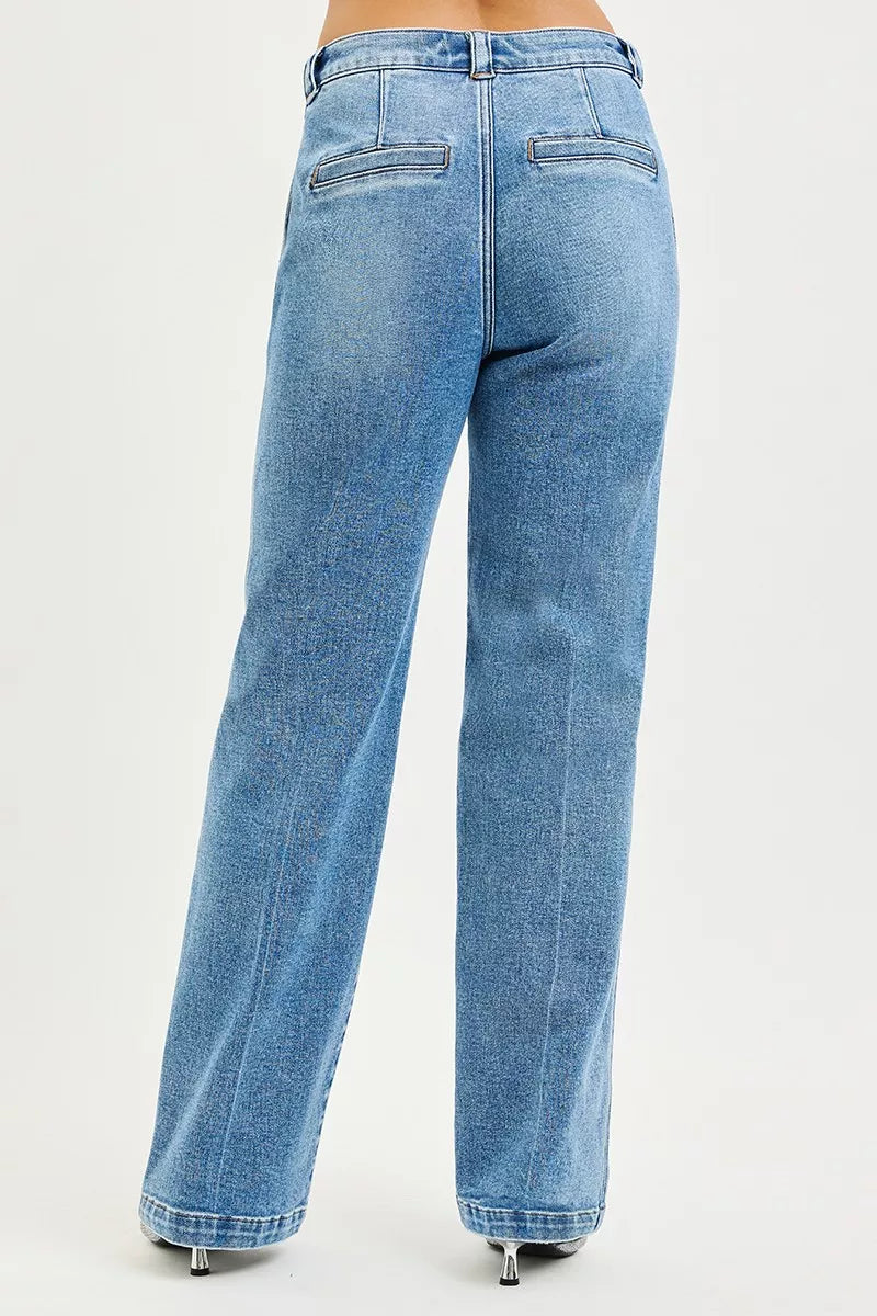 Medium-wash blue slouchy straight jeans, back yoke and patch pockets