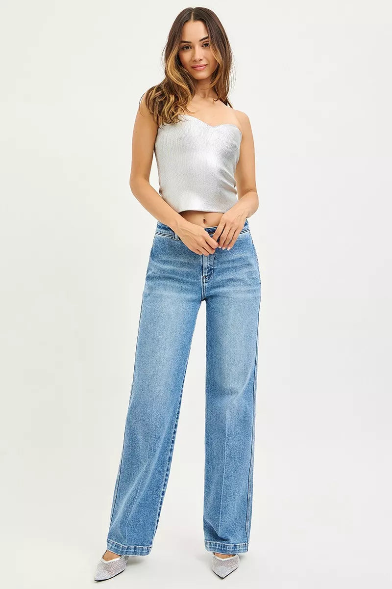 Slouchy straight jeans in medium-wash blue, relaxed straight-leg silhouette