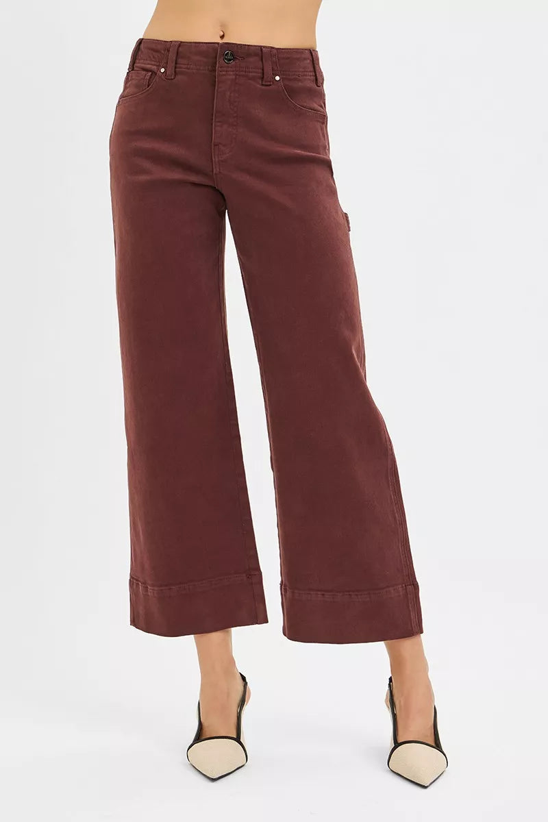 Choco brown high-rise wide-leg crop pants with belt loops and front pockets