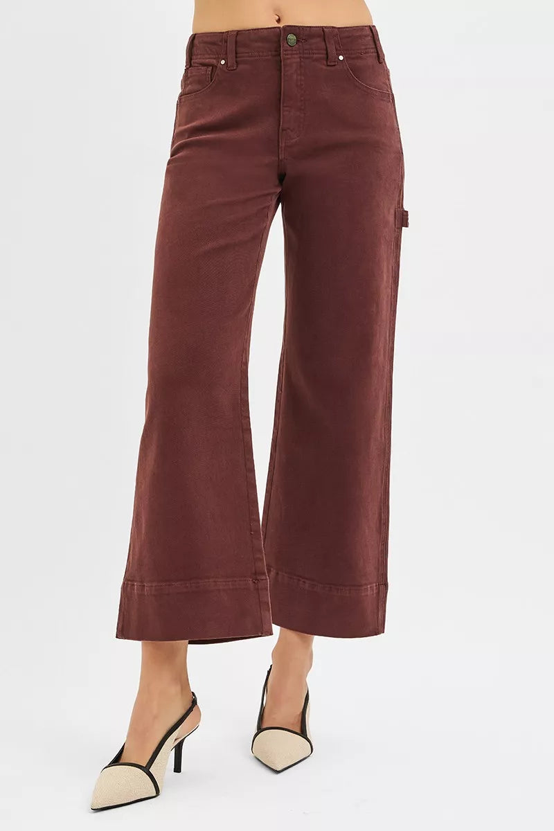 Choco brown wide-leg crop pants, high rise with front button and clean waistband