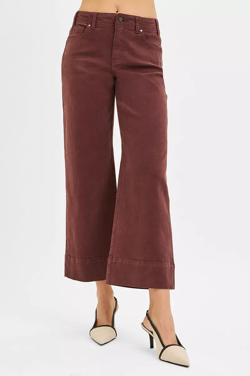 Choco brown wide-leg crop pants, back view with pockets and button-zip waist