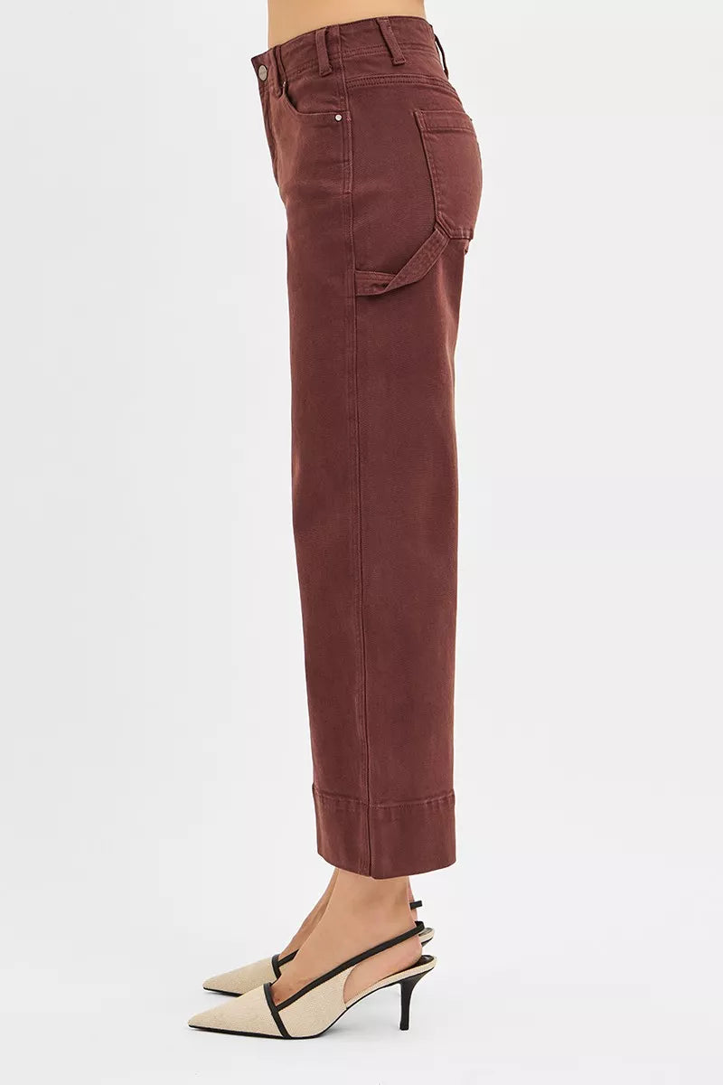 Choco brown wide-leg crop pants, side profile with cargo-style pocket detail