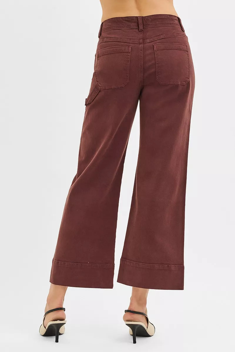 Choco brown wide-leg crop pants, back view with patch pockets and stitched hem