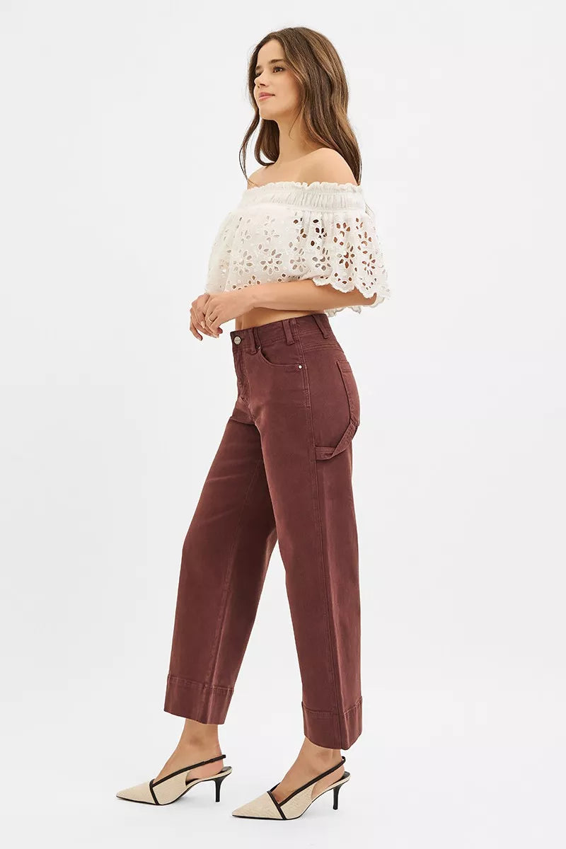 RISEN tummy control high-rise wide-leg crop pants in choco brown, front view