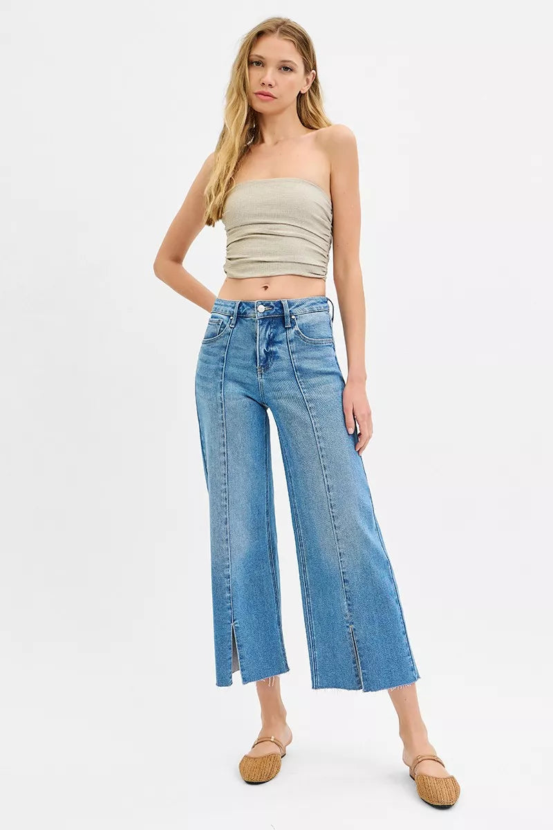 Trendsi medium wash mid-rise wide-leg jeans with front slits, cropped ankle length