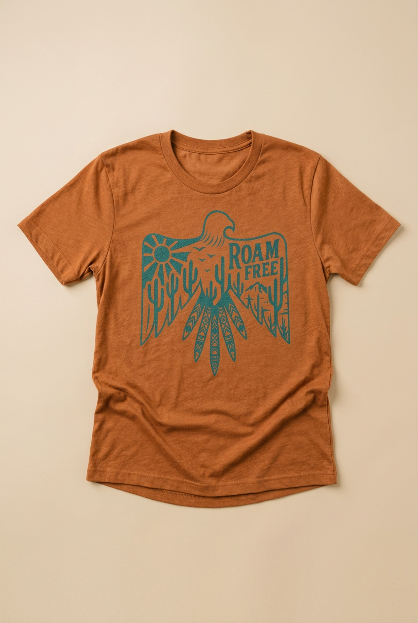 Brown t-shirt with an eagle graphic and 'Roam Free' text on a beige background