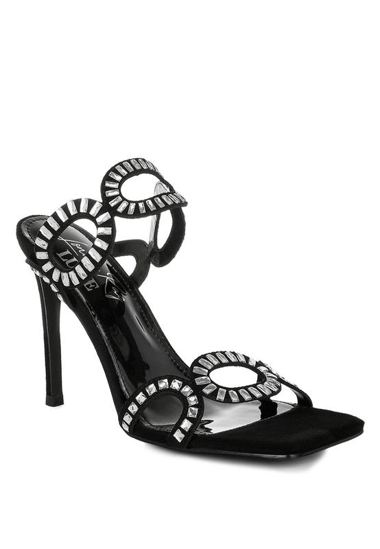 Schwarze Cut-Out Stiletto-Sandalen mit Strass-Details und Riemen