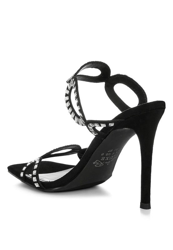 Schwarze Stiletto-Sandalen mit offenen Riemen und Strass verziertem Fussriemen