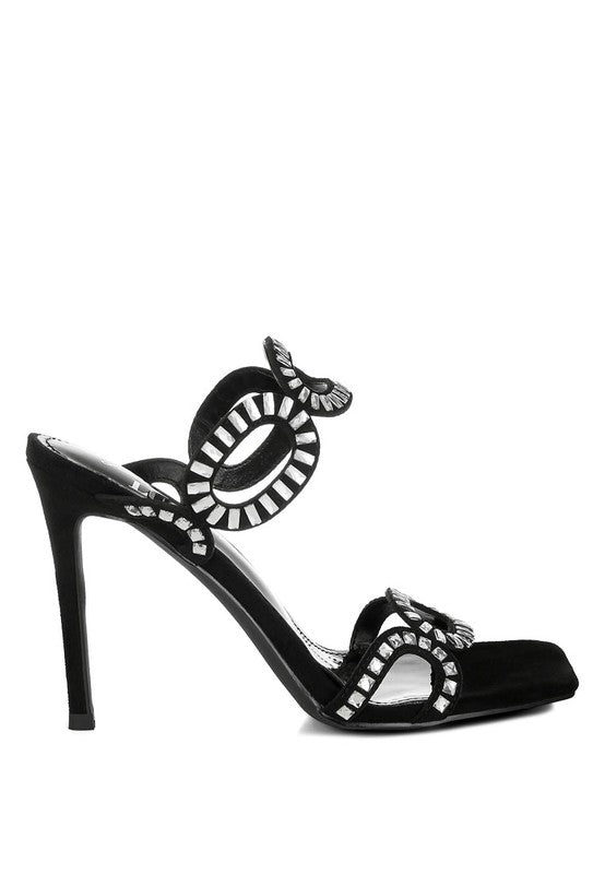Schwarze Stiletto-Sandalen mit Zehen-Riemchen und Strass-Cut-Out Ornament