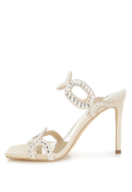 Beige Stiletto-Sandalen mit Riemchen über dem Fuß und Strass-Ornament