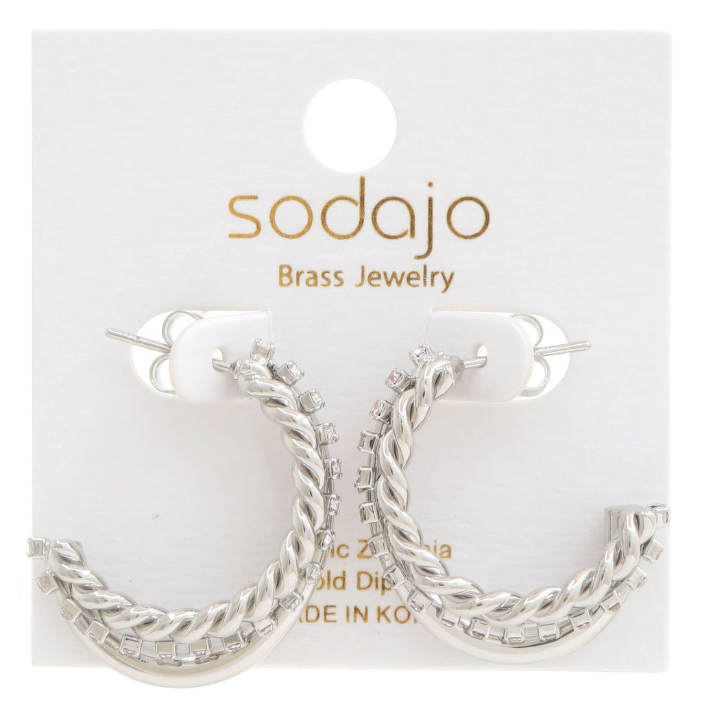 Rope rhinestone open hoop earring, twisted chain design, rhodium finish
