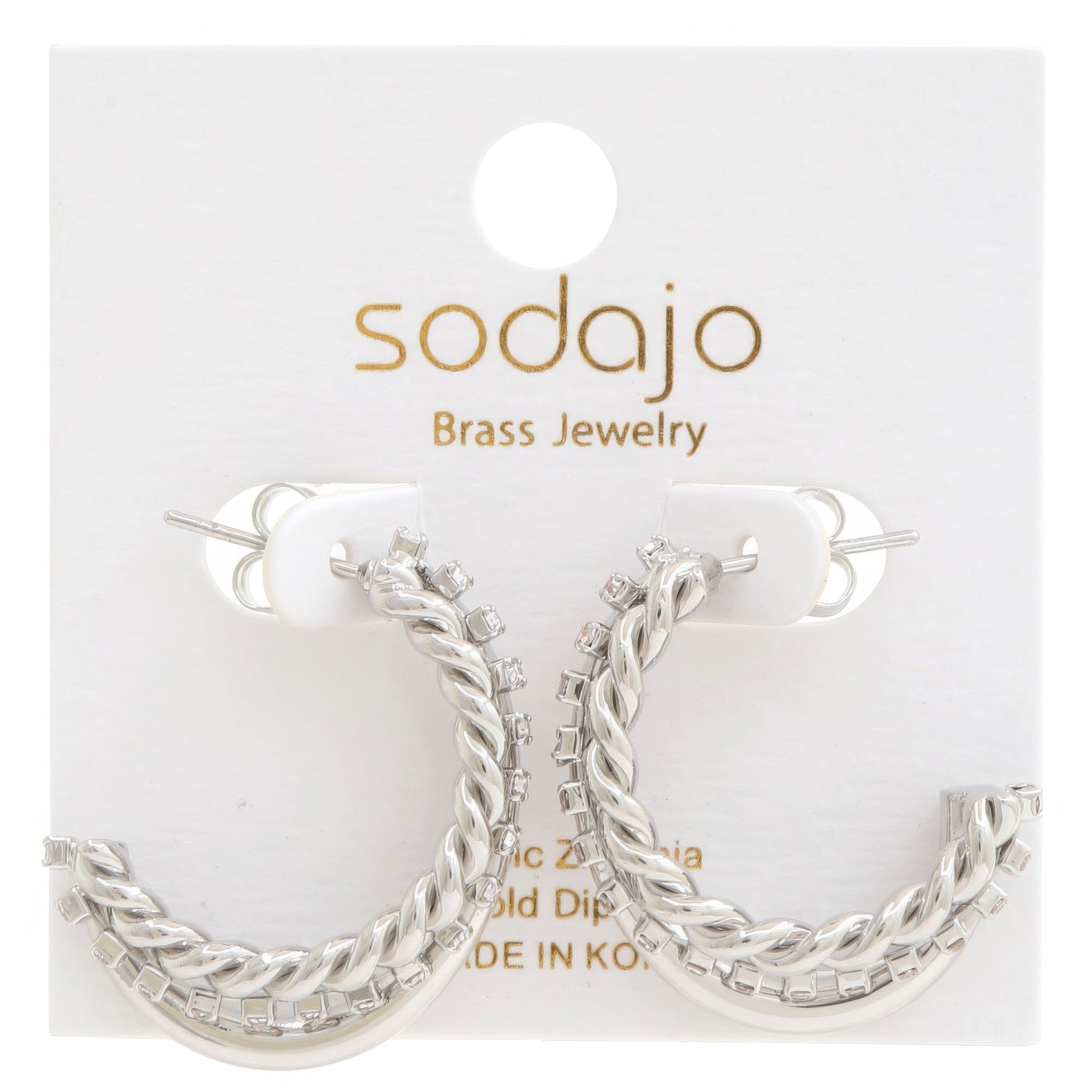 Rope rhinestone open hoop earring, twisted chain design, rhodium finish