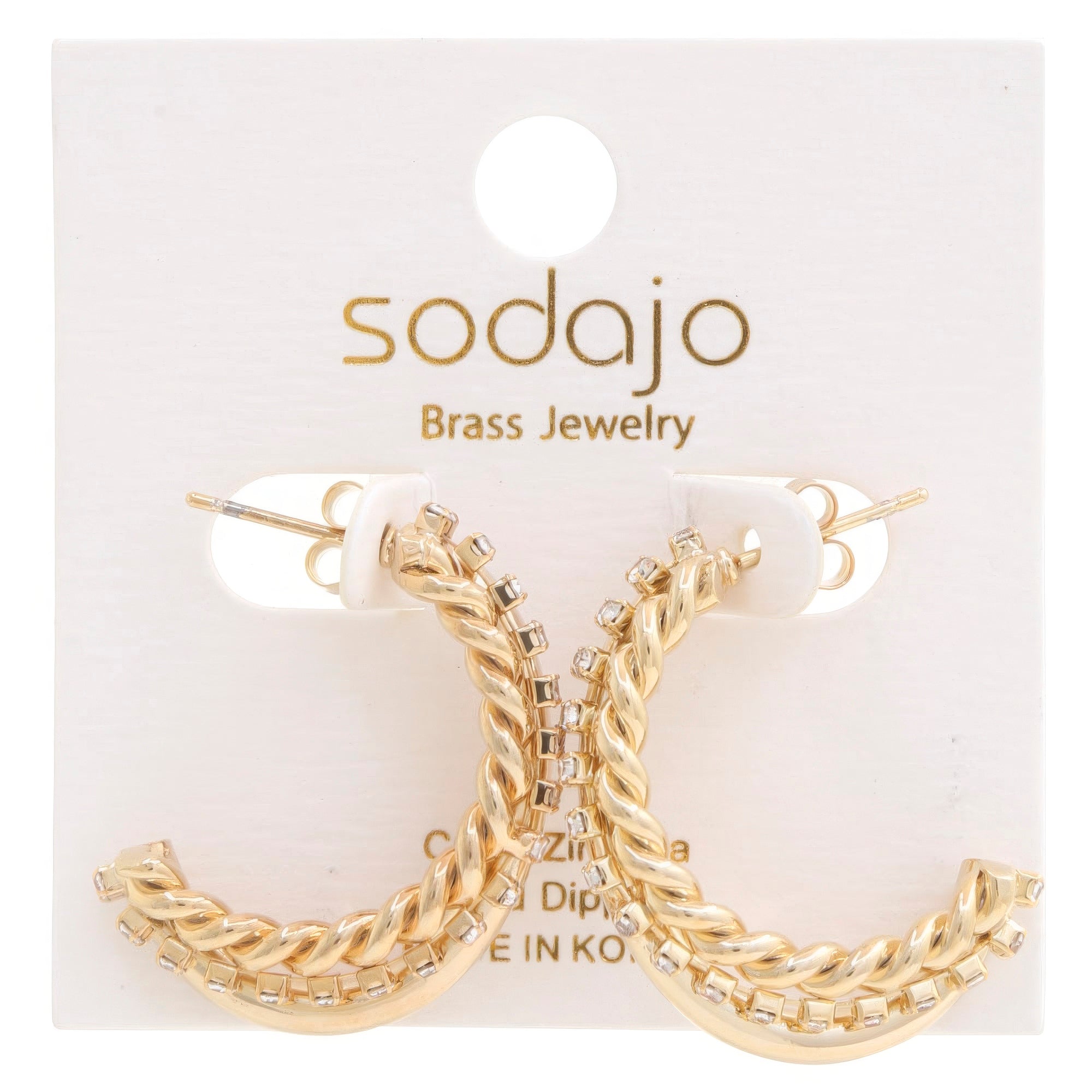 Gold rope rhinestone open hoop earrings with twisted rope chain detail