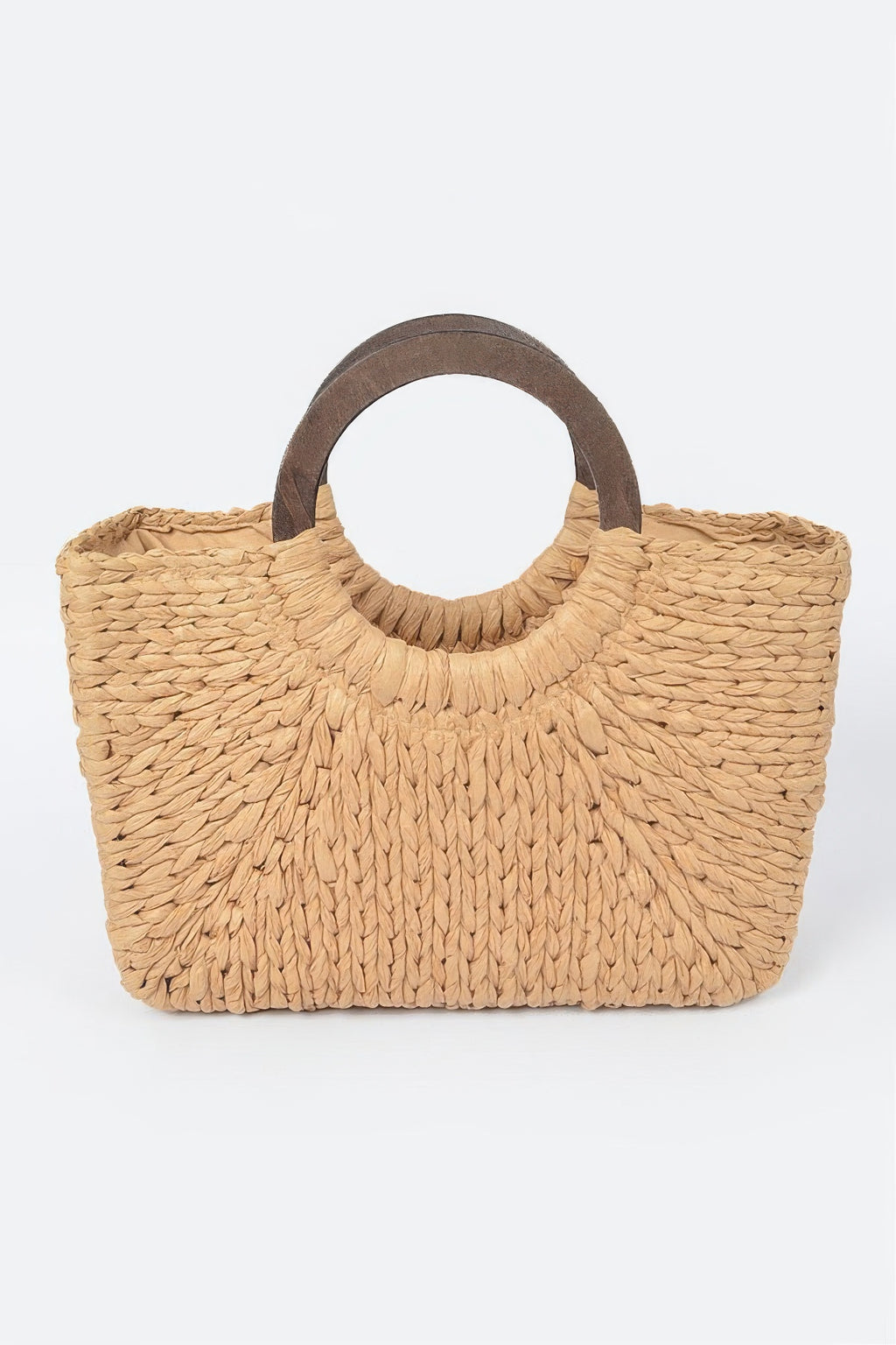 Round handle straw tote bag in khaki, woven texture