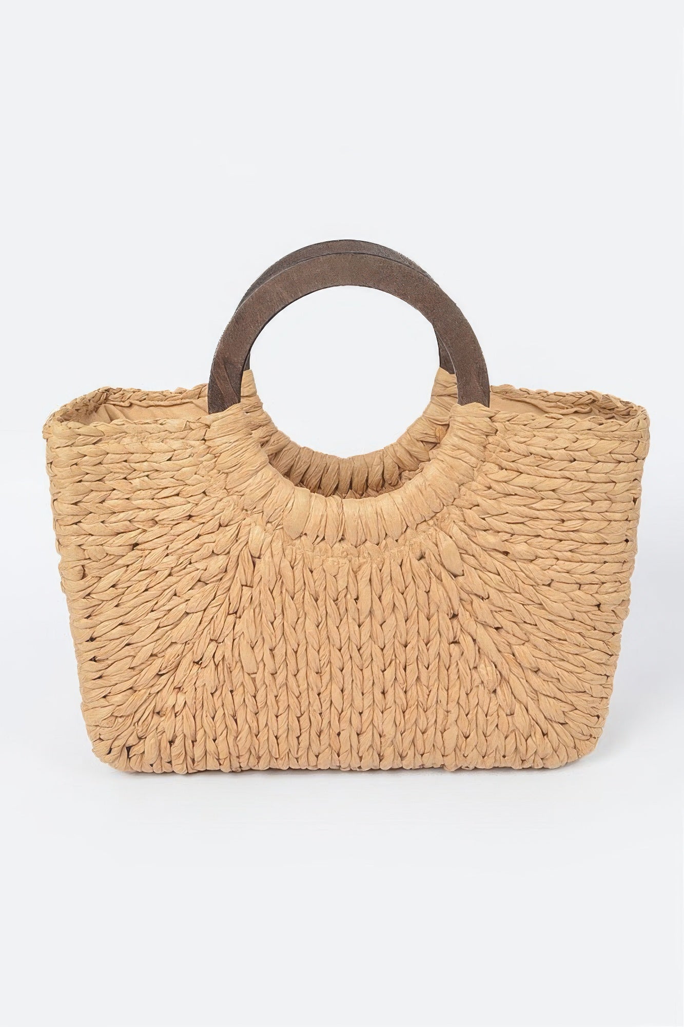 Round handle straw tote bag in khaki, woven texture