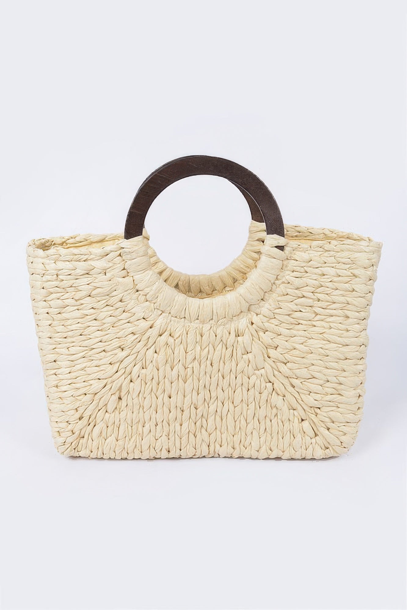Ivory round-handle straw tote bag, woven straw pattern