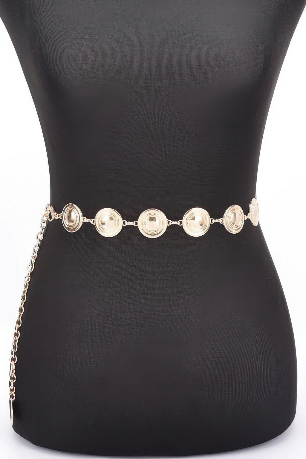 Gold round metal chain belt with layered circular discs and extension link