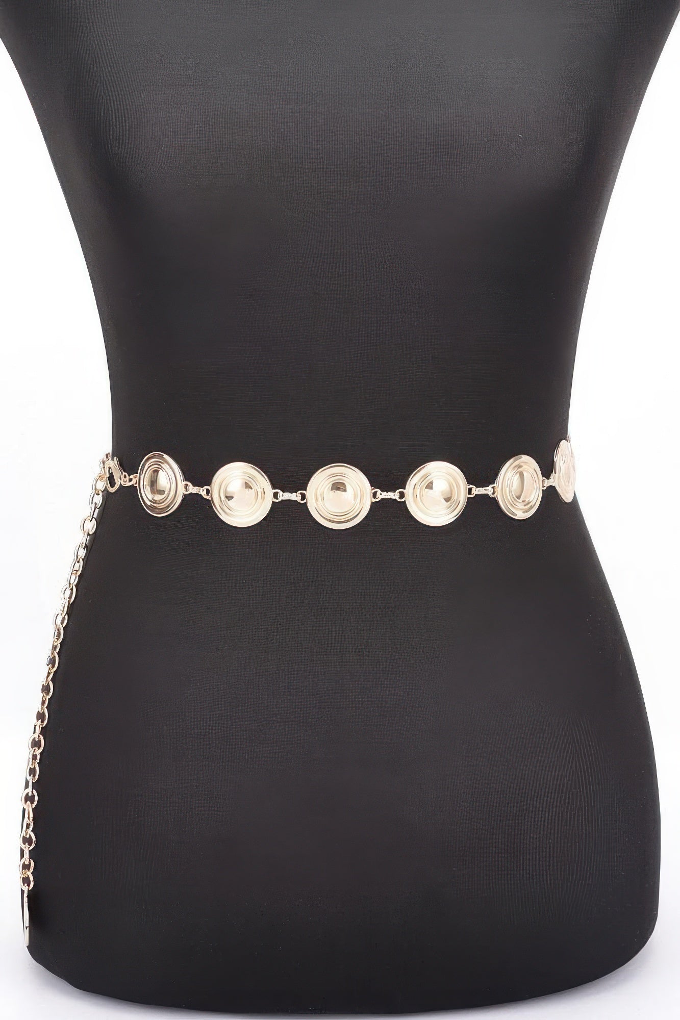 Gold round metal chain belt with layered circular discs and extension link