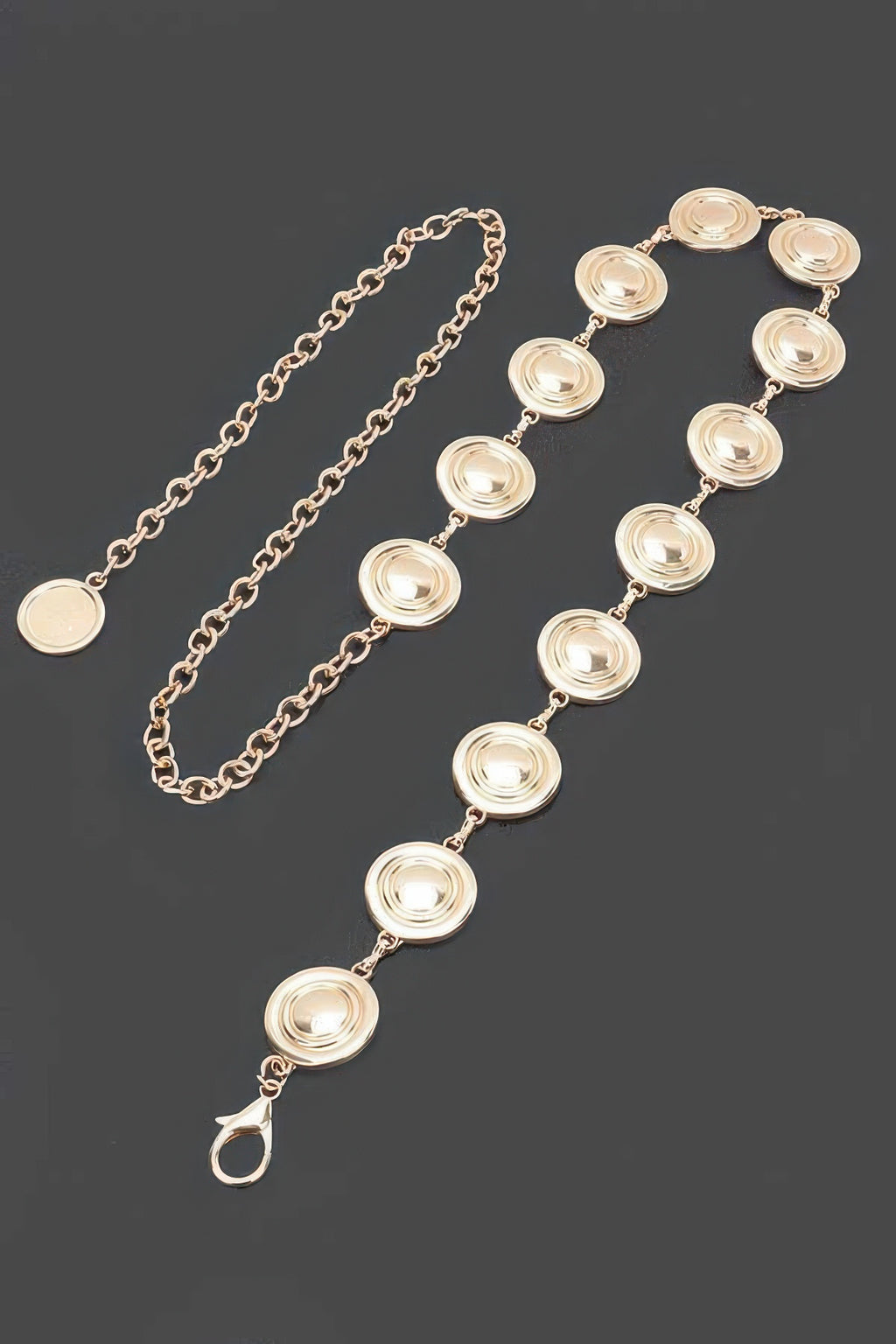 Gold round metal chain belt with round disc links and lobster clasp end