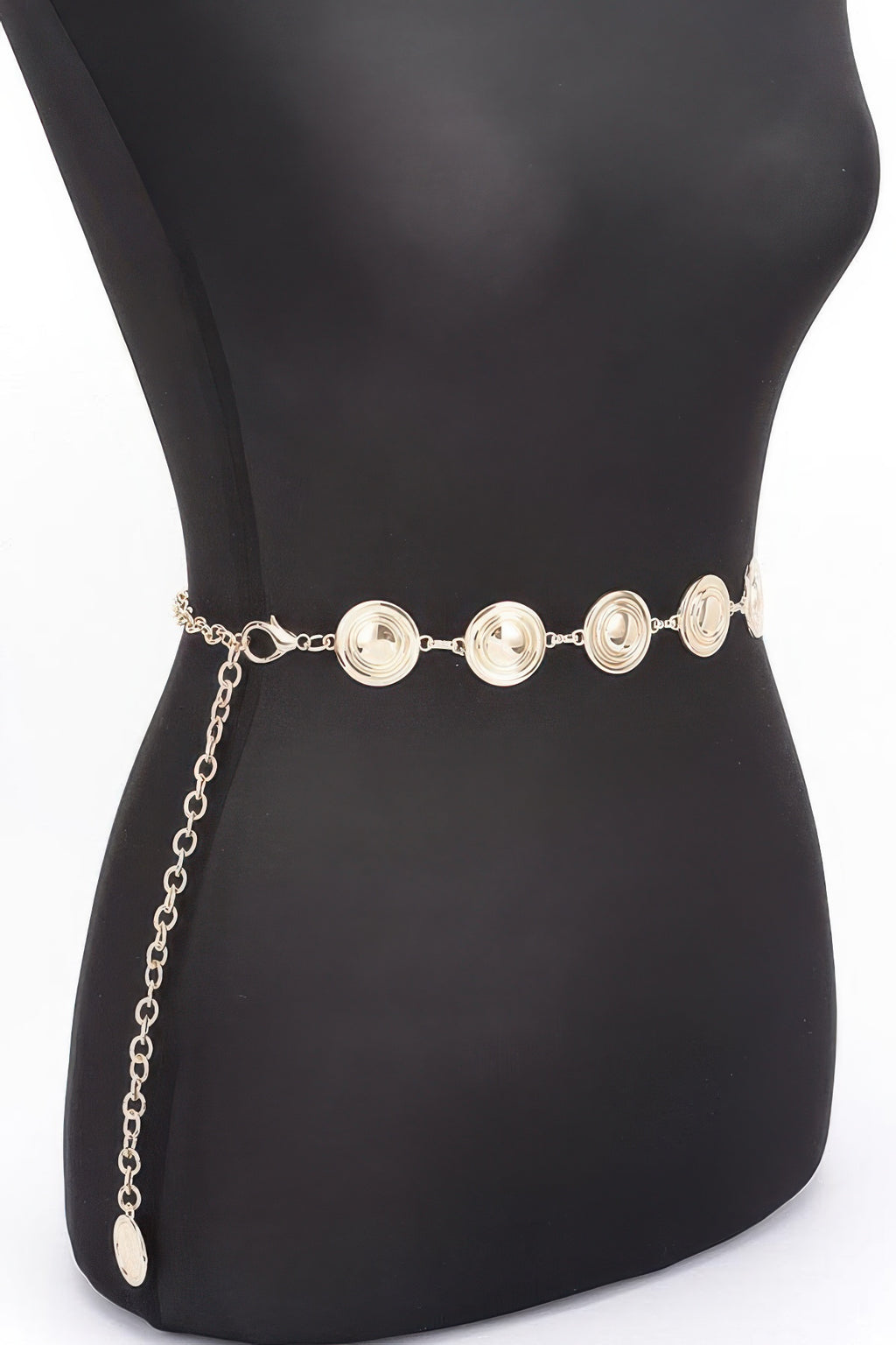 Gold round metal chain belt with oval dangling tag and circular disc stations