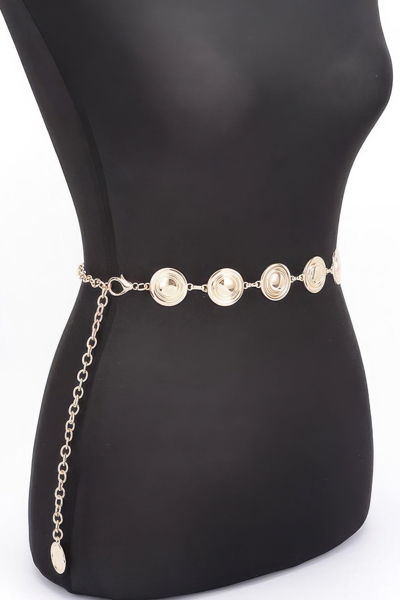 Gold round metal chain belt with oval dangling tag and circular disc stations