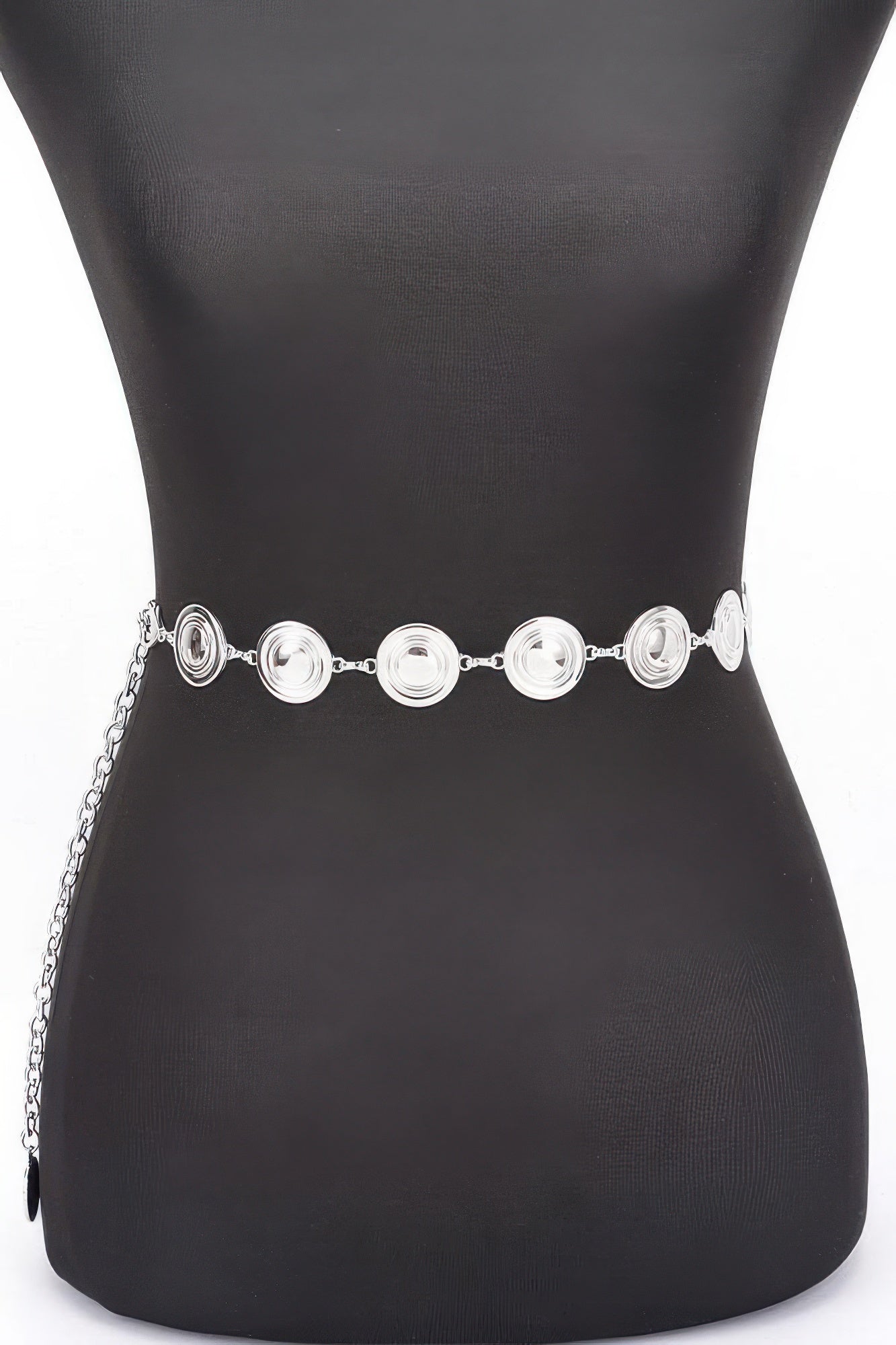 Silver round metal chain belt with layered circular discs and thin chain