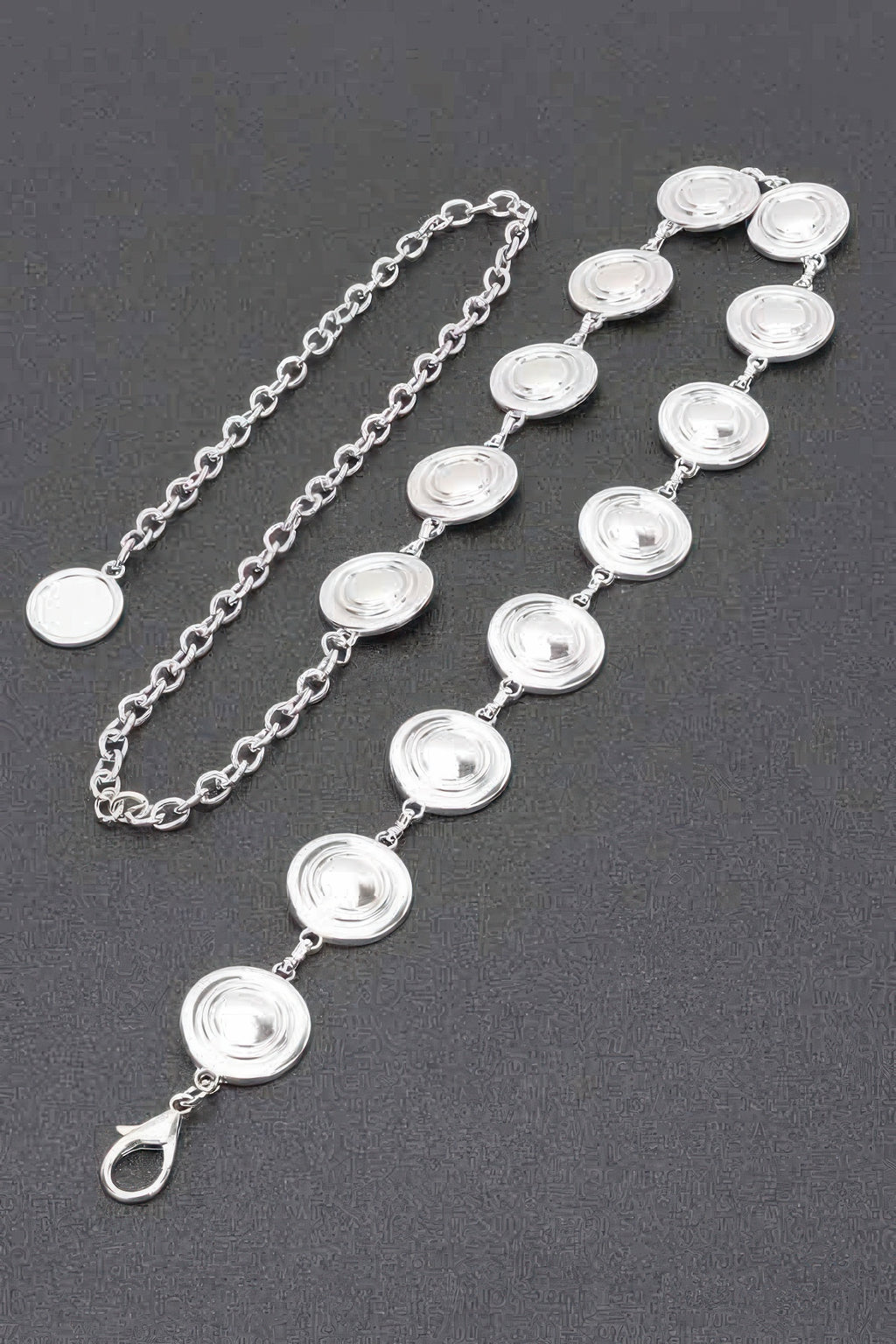 Silver round metal chain belt with circular disc charms and small lobster clasp