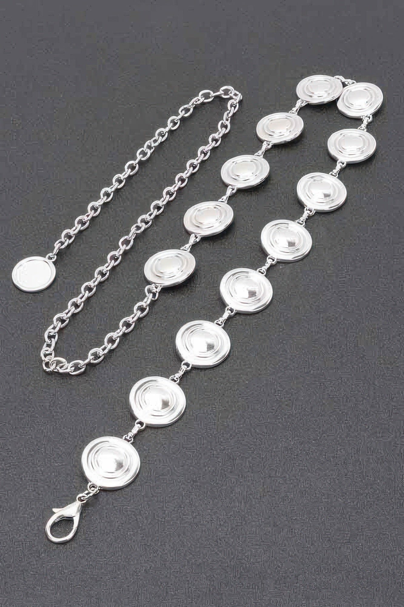 Silver round metal chain belt with circular disc charms and small lobster clasp