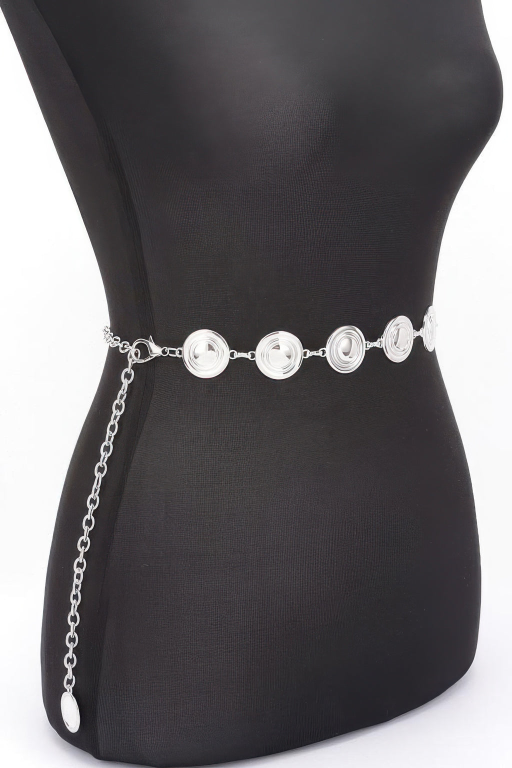 Silver round metal chain belt on waist, round disc links with hanging end