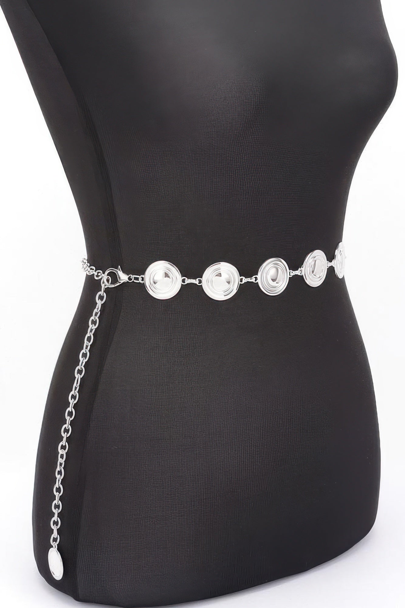 Silver round metal chain belt on waist, round disc links with hanging end