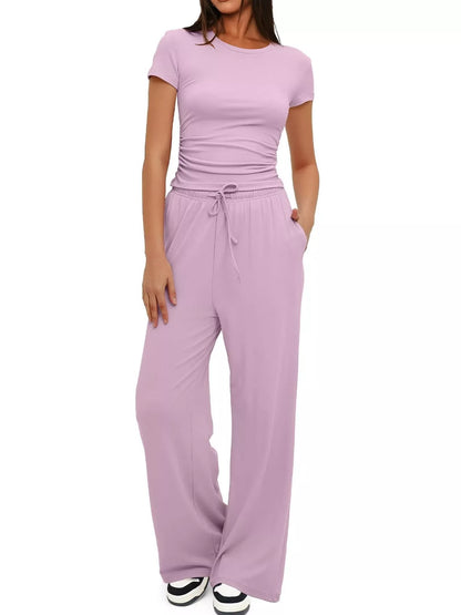 Round Neck Short Sleeve T-Shirt and Pants Set - Tigbul's Variety Fashion Shop