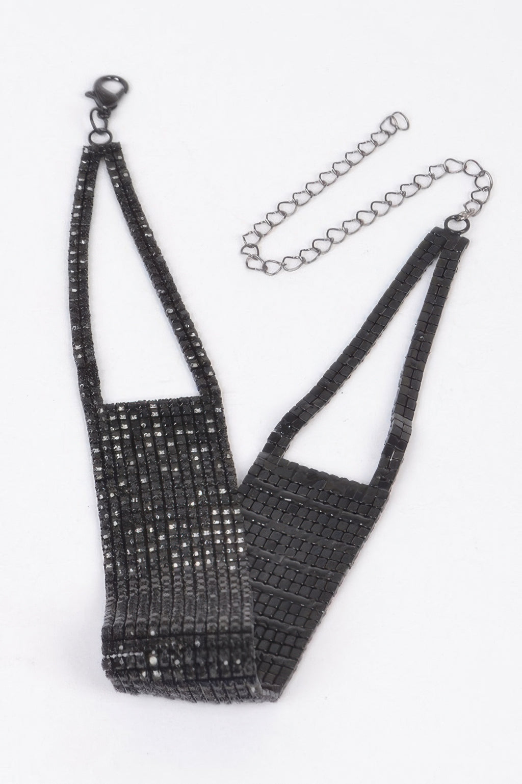 Black rhinestone choker necklace with adjustable chain and clasp detail
