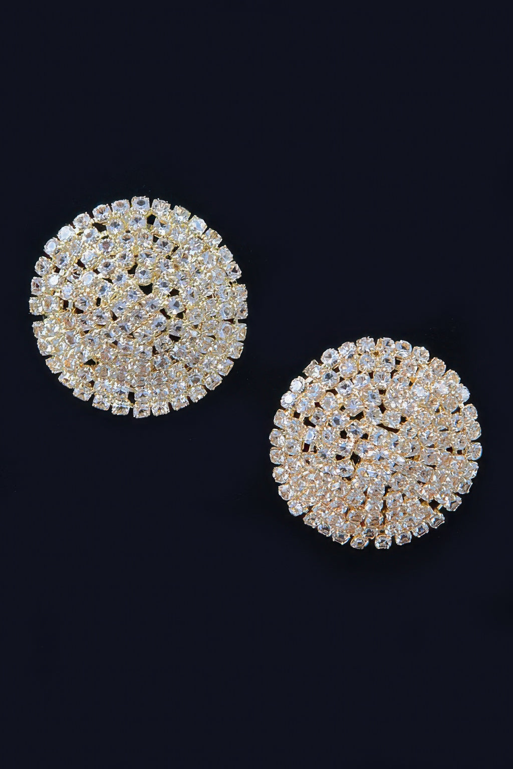 Gold round rhinestone stud earrings with sparkling pavé border