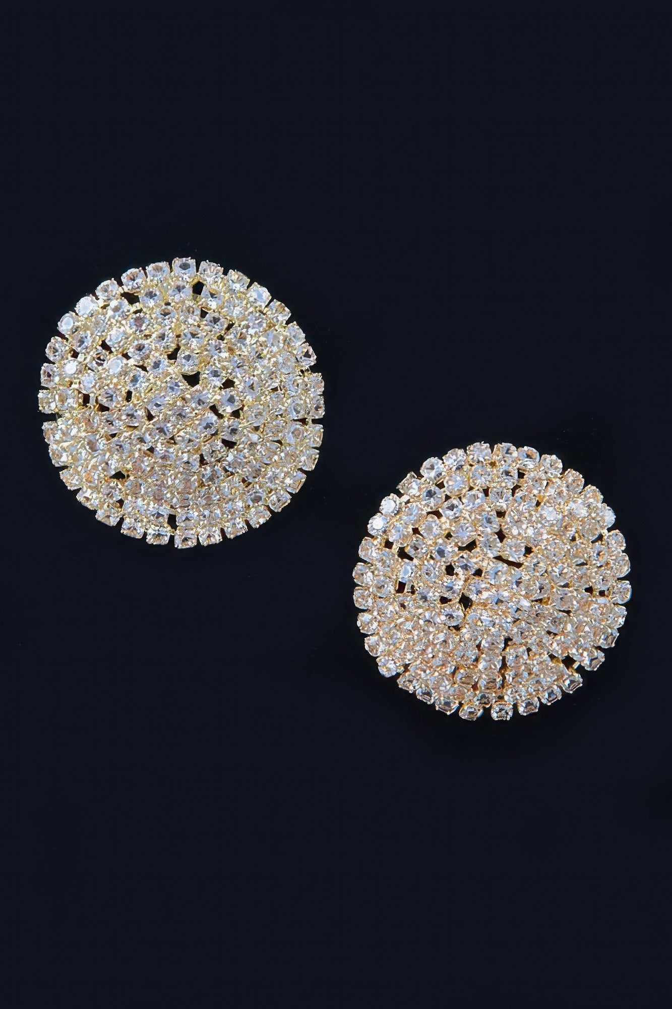 Gold round rhinestone stud earrings with sparkling pavé border