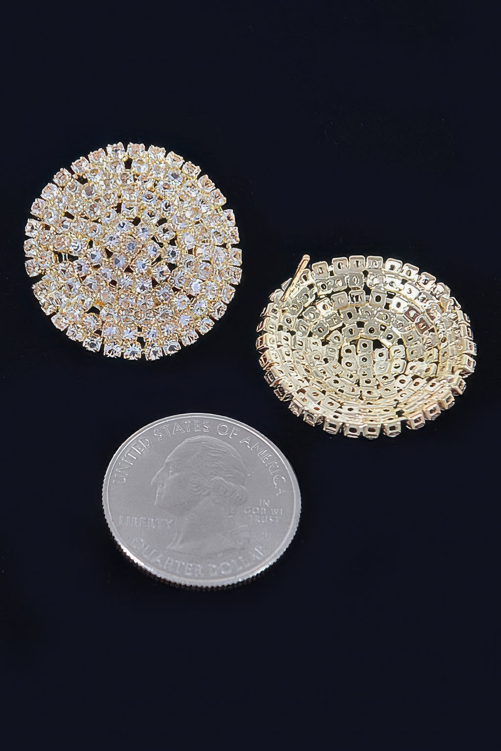 Round rhinestone stud earrings in silver and gold tones, faceted pavé sparkle