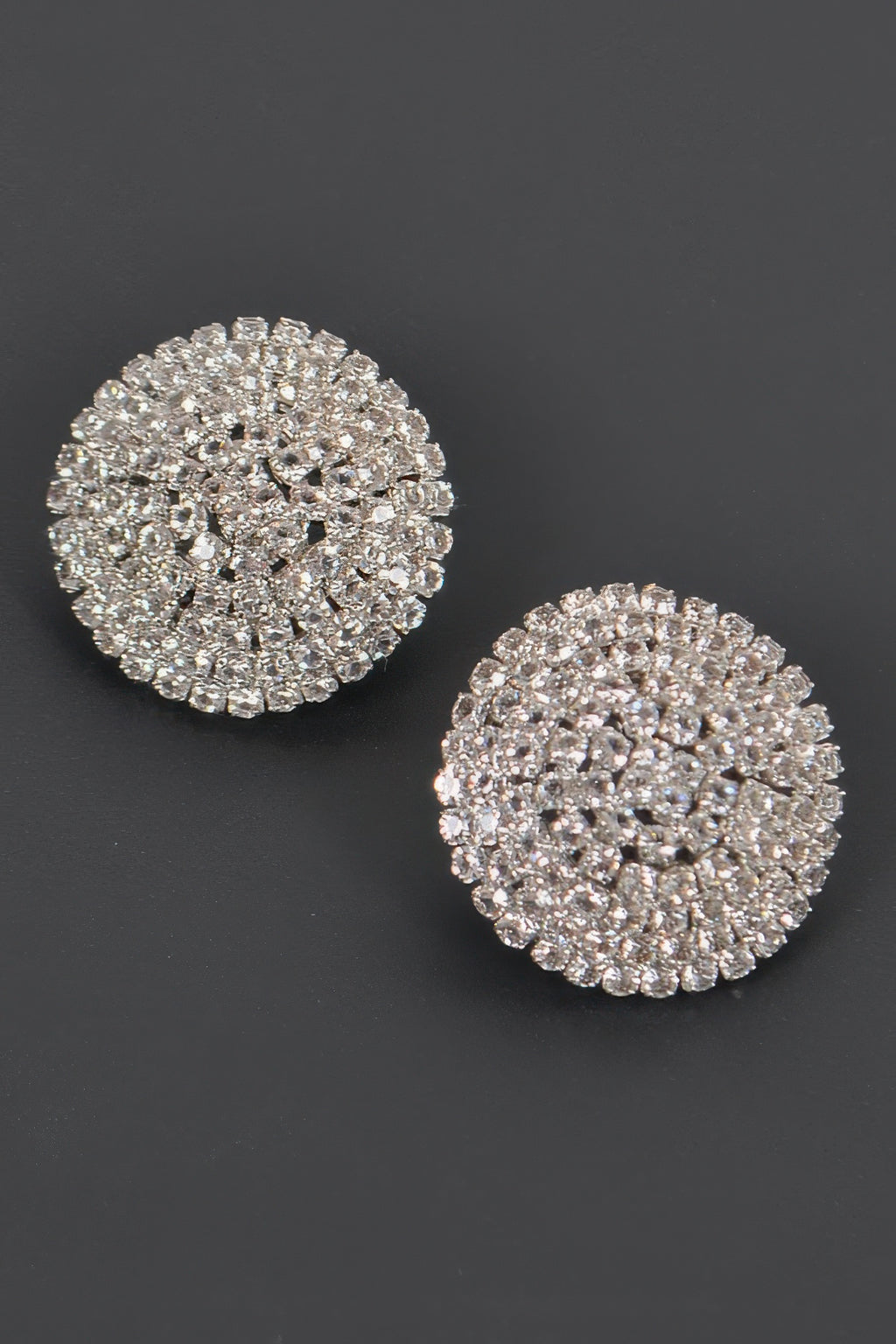 Silver round rhinestone stud earrings with dense pavé crystal setting