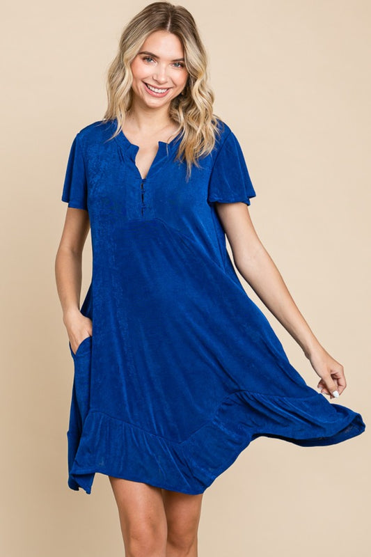 Royal Blue Short Sleeve Ruffled Asymmetric Hem Dress - Tigbul's Variety Fashion Shop
