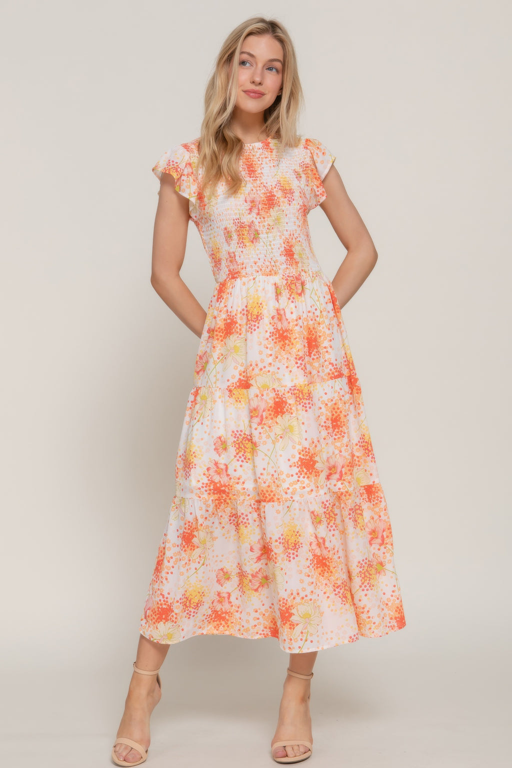 Ruffl Slv smocked floral print dress, ivory/yellow base with orange blossoms