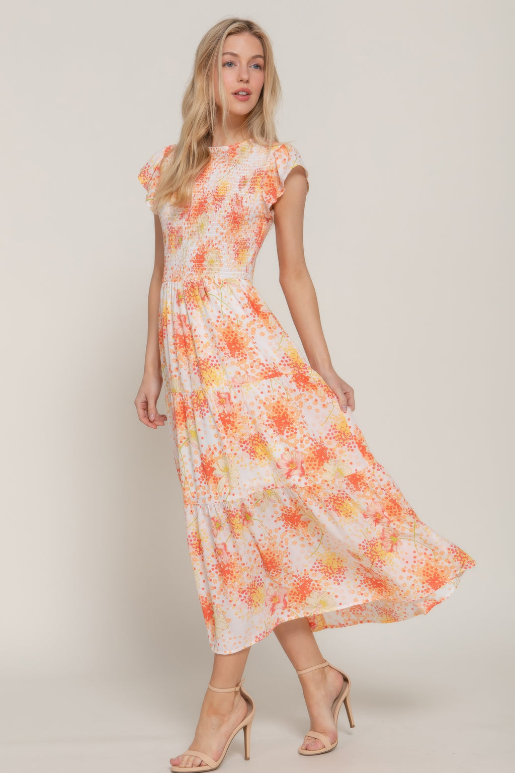 Ruffl Slv smocked floral print dress with tiered skirt and ivory/yellow orange print