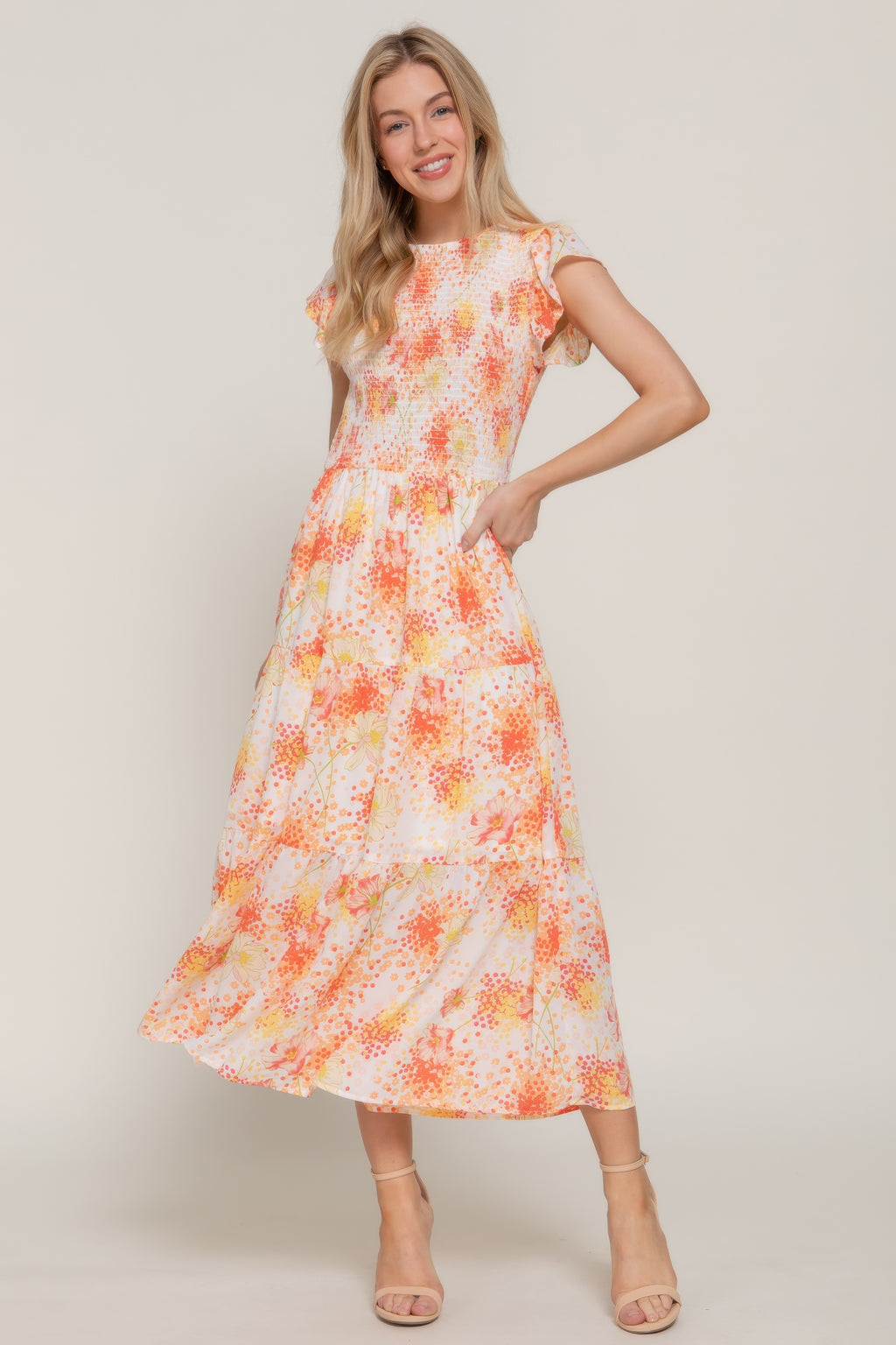Ruffl Slv smocked floral print midi dress in ivory/yellow with orange floral scatter