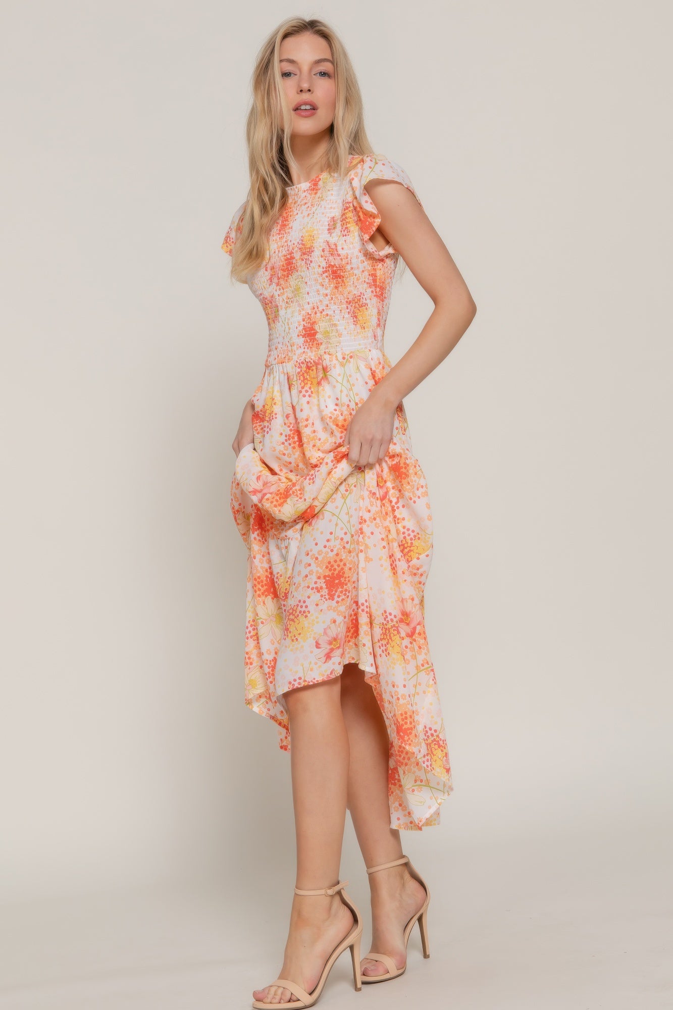 Ruffl Slv smocked floral print dress, ivory/yellow with orange and yellow floral design