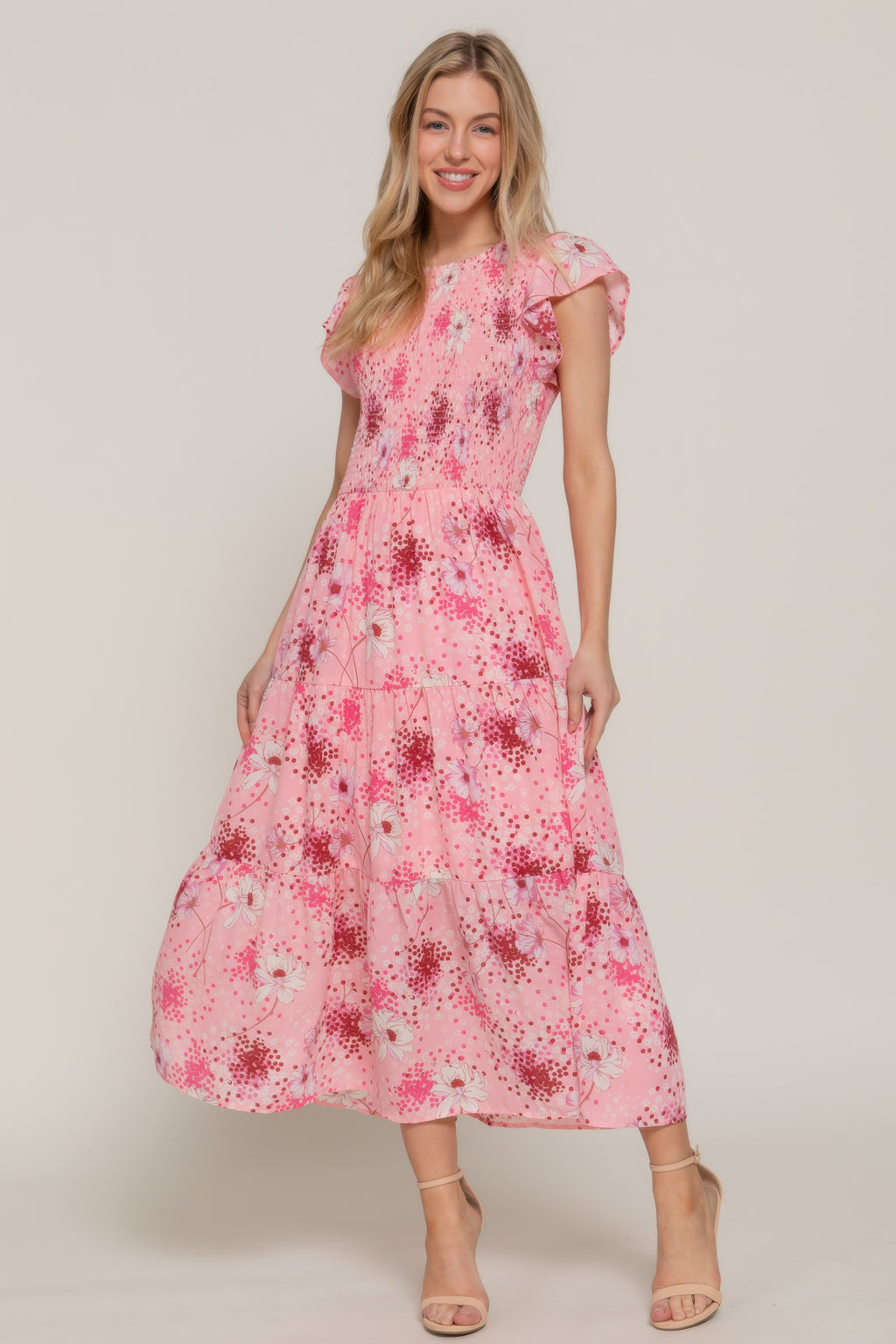 Ruffl Slv smocked floral print dress in Pink/burgundy with scattered floral pattern