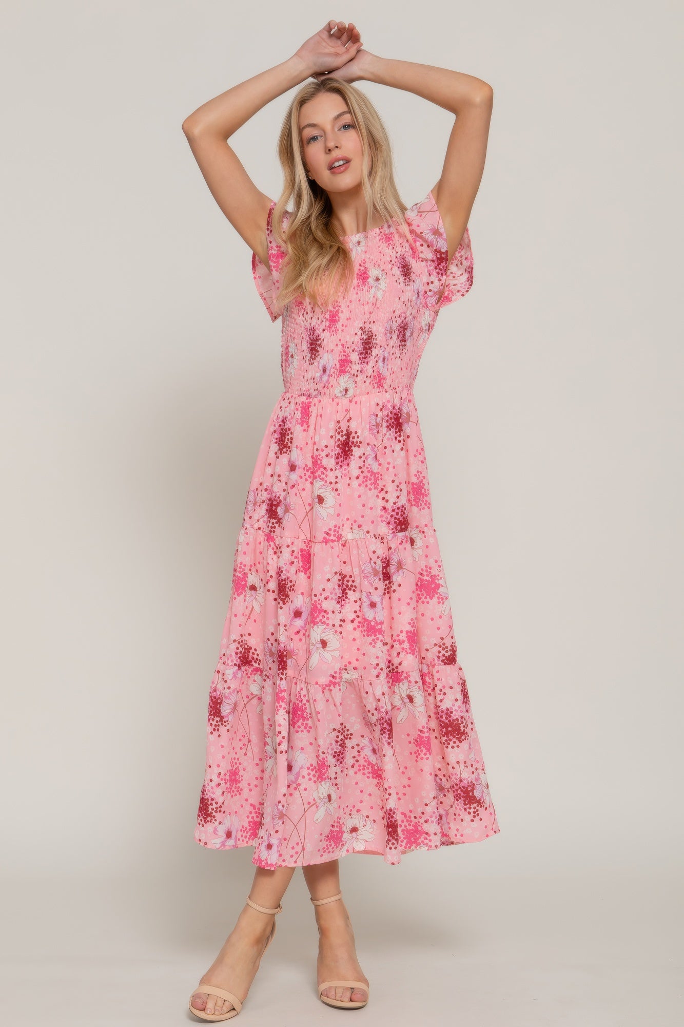 Ruffl Slv smocked floral print dress in Pink/burgundy, round neckline and flutter sleeves