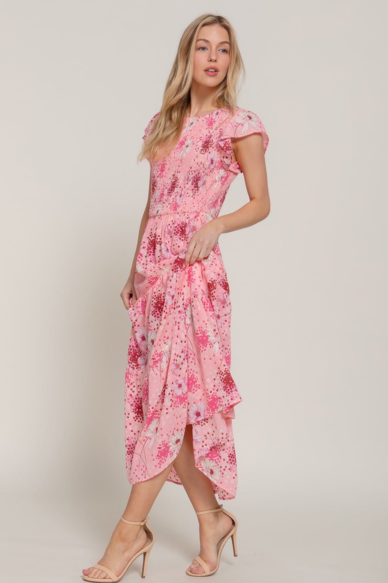 Ruffl Slv smocked floral print dress, Pink/burgundy with pink floral scattered dots