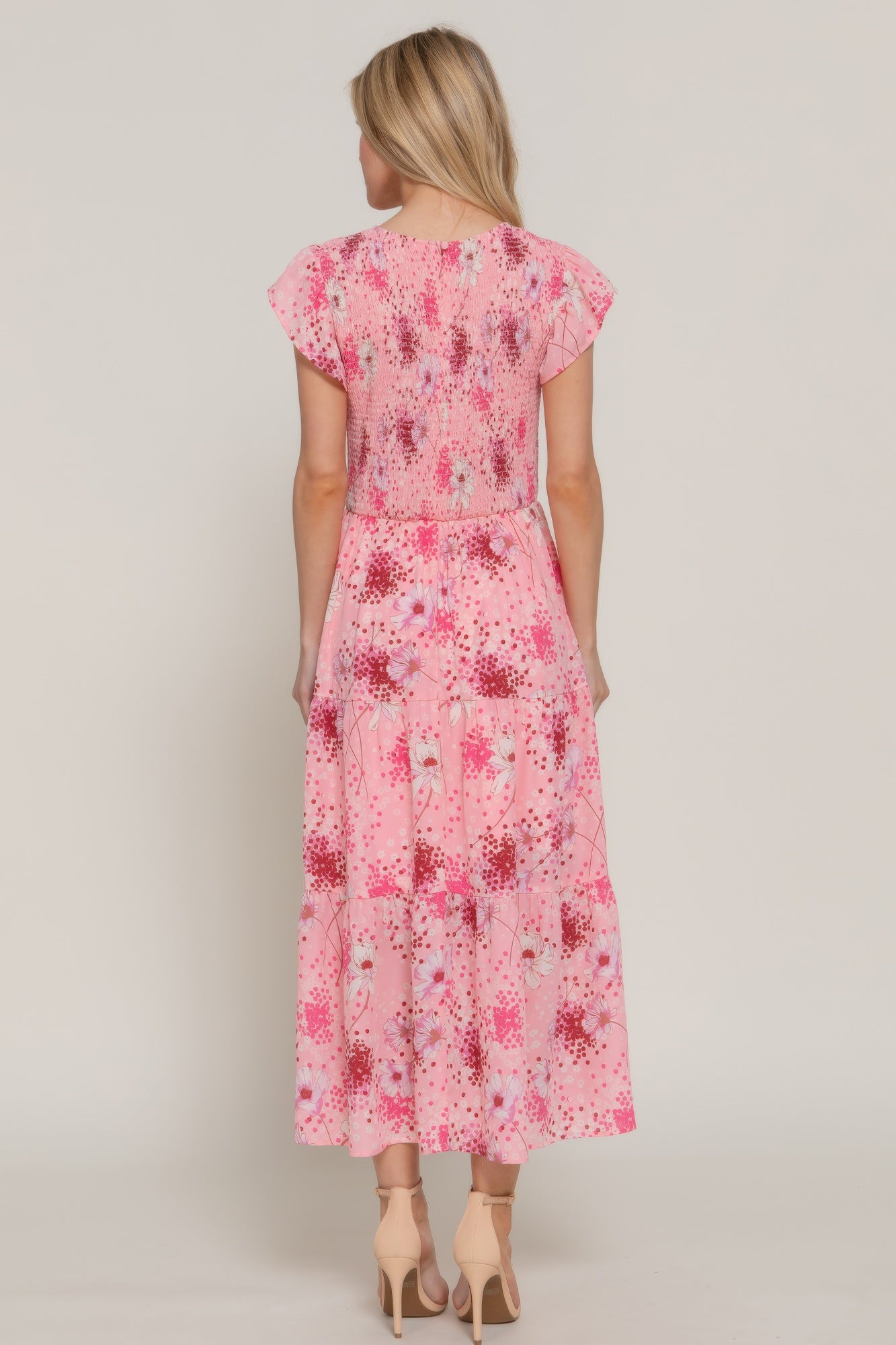 Ruffl Slv smocked floral print dress back view, Pink/burgundy floral print midi length